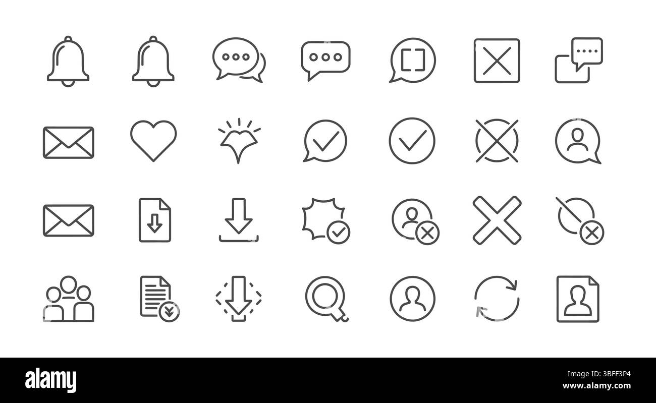 Satz von Vektorsymbolen für lineare Benachrichtigungen, Symbolblatt. Stock Vektor