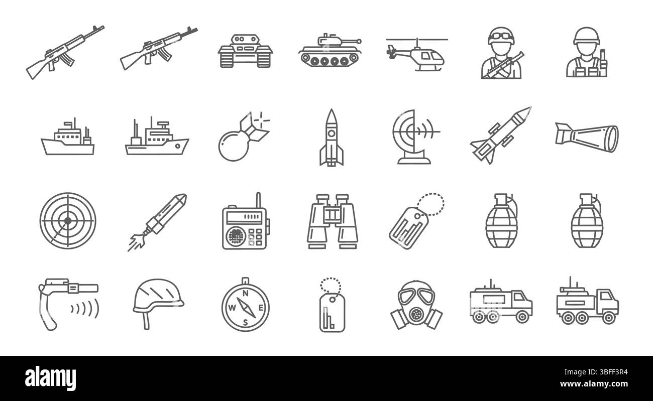 Set von Symbolen für lineare militärische Vektoren, Symbolblatt. Stock Vektor