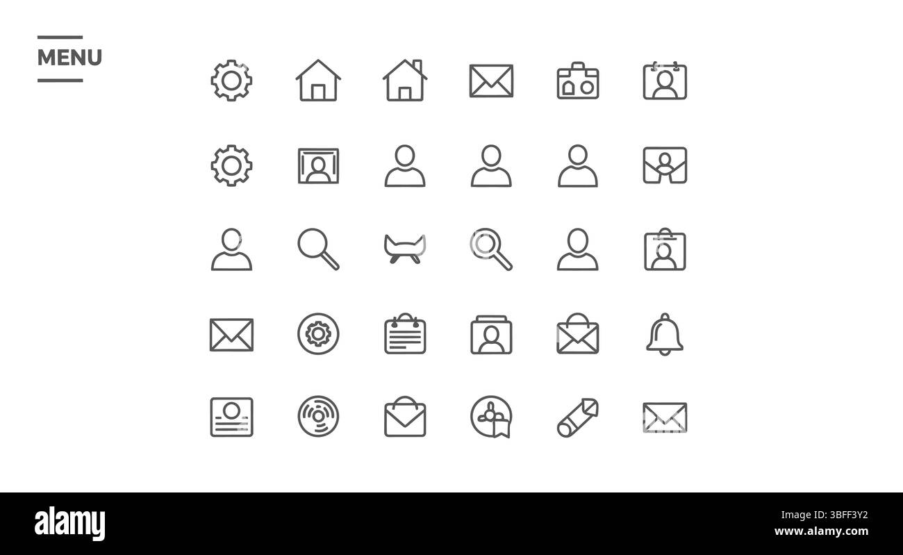 Satz von Vektorsymbolen für lineare Menüs, Symbolblatt. Stock Vektor