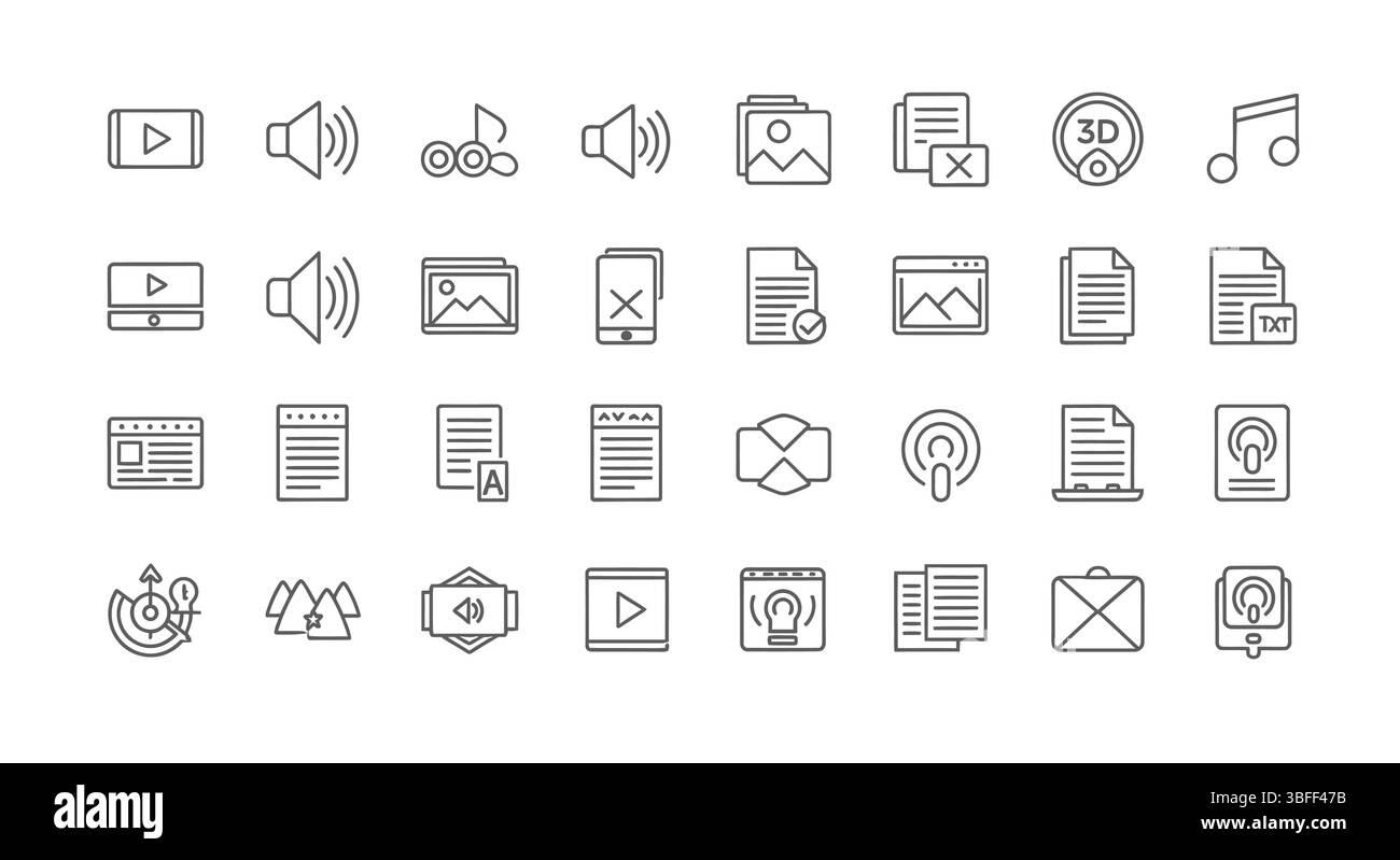 Satz von Symbolen für lineare Medienvektoren, Symbolblatt. Stock Vektor