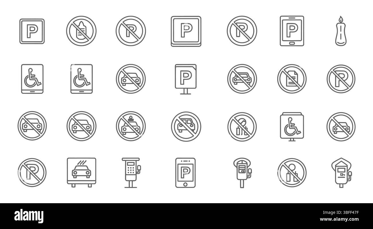 Satz von Vektorsymbolen für lineares Parken, Symbolblatt. Stock Vektor