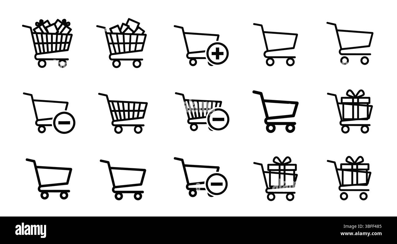 Satz von linearen Warenkorbvektorsymbolen, Symbolblatt. Stock Vektor