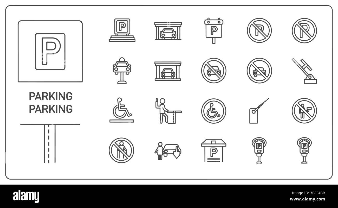Satz von Vektorsymbolen für lineares Parken, Symbolblatt. Stock Vektor