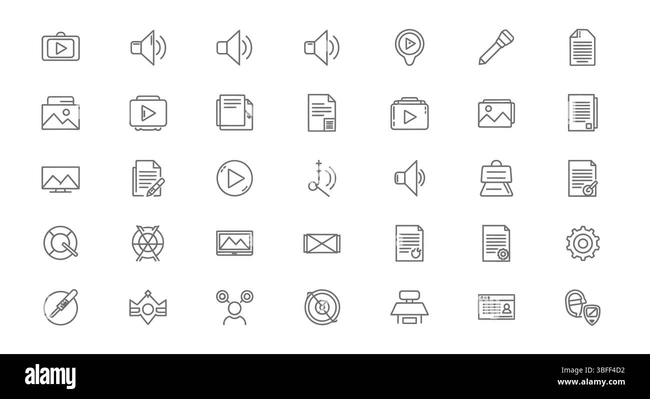 Satz von Symbolen für lineare Medienvektoren, Symbolblatt. Stock Vektor