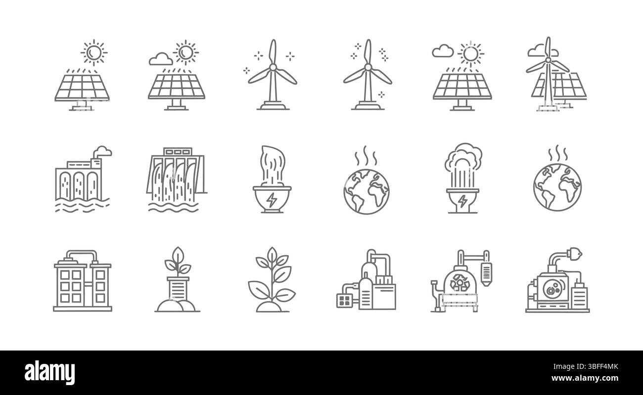 Set von linearen Vektorsymbolen für erneuerbare Energien, Symbolblatt. Stock Vektor