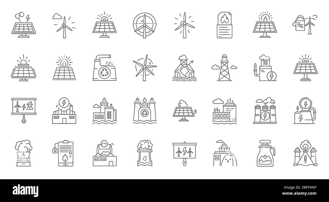 Set von linearen Vektorsymbolen für erneuerbare Energien, Symbolblatt. Stock Vektor