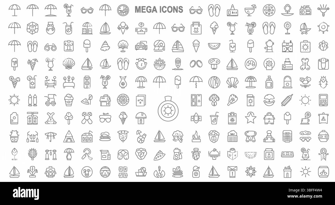 Set von linearen Sommer-Vektor-Symbolen, Symbolblatt. Stock Vektor