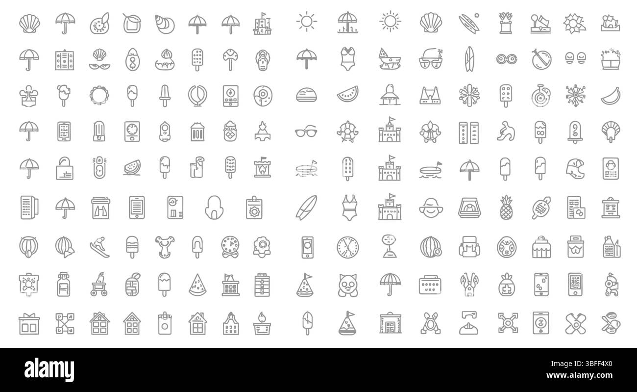 Set von linearen Sommer-Vektor-Symbolen, Symbolblatt. Stock Vektor