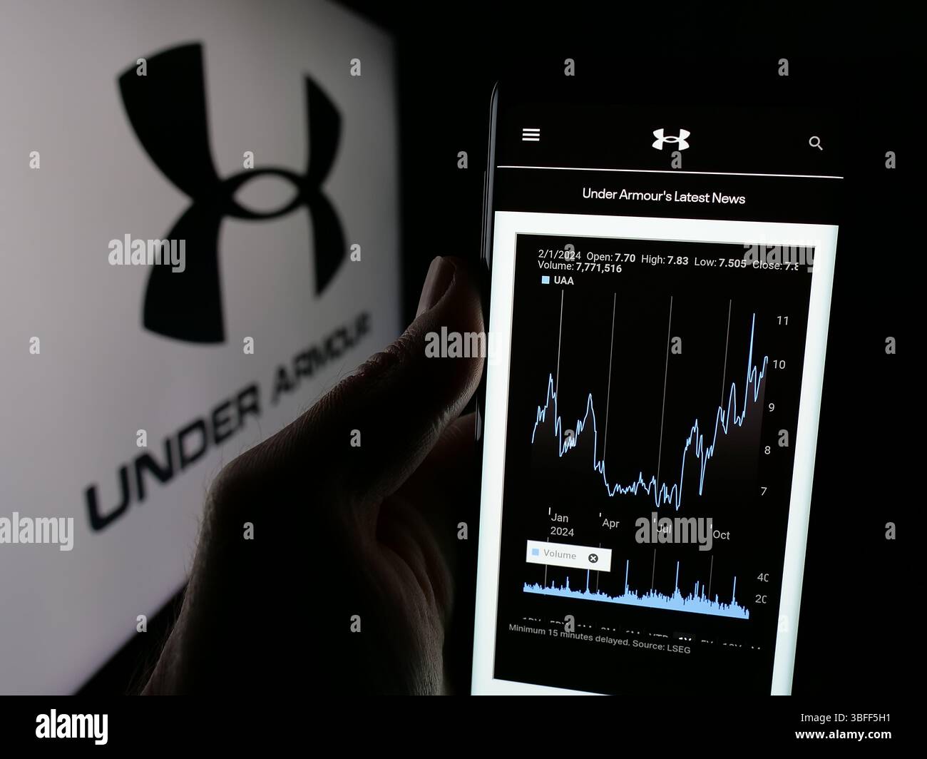 Stuttgart, Deutschland - 15.01.2025: Person, die ein Smartphone hält, mit Webseite des US-amerikanischen Sportbekleidungsunternehmens unter Armour Inc. Auf dem Bildschirm vor dem Logo. Stockfoto