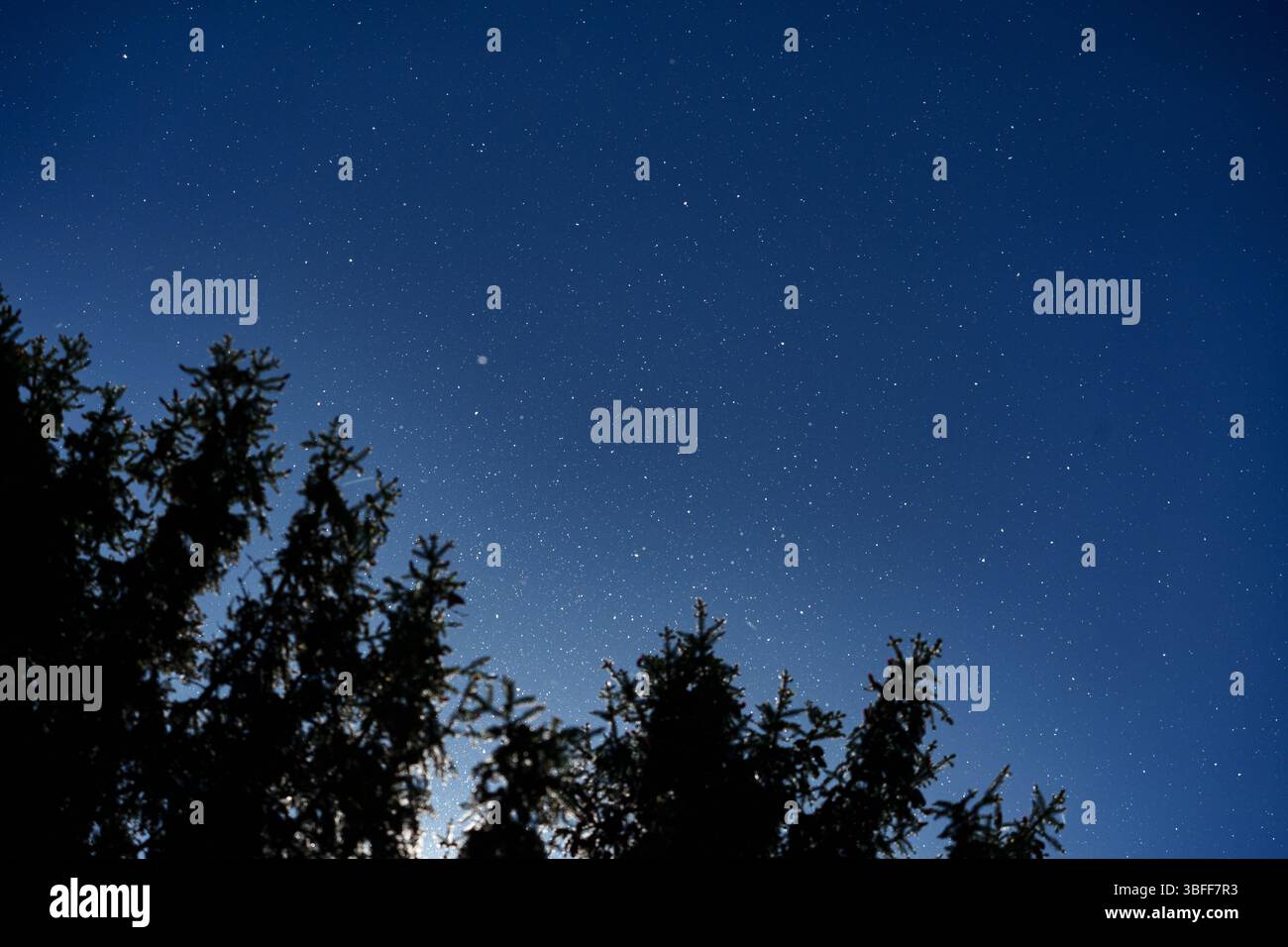 Mittsommernachthimmel während eines unheimlichen Sonnenscheins mit allen Sternen und Sternbildern. Stockfoto