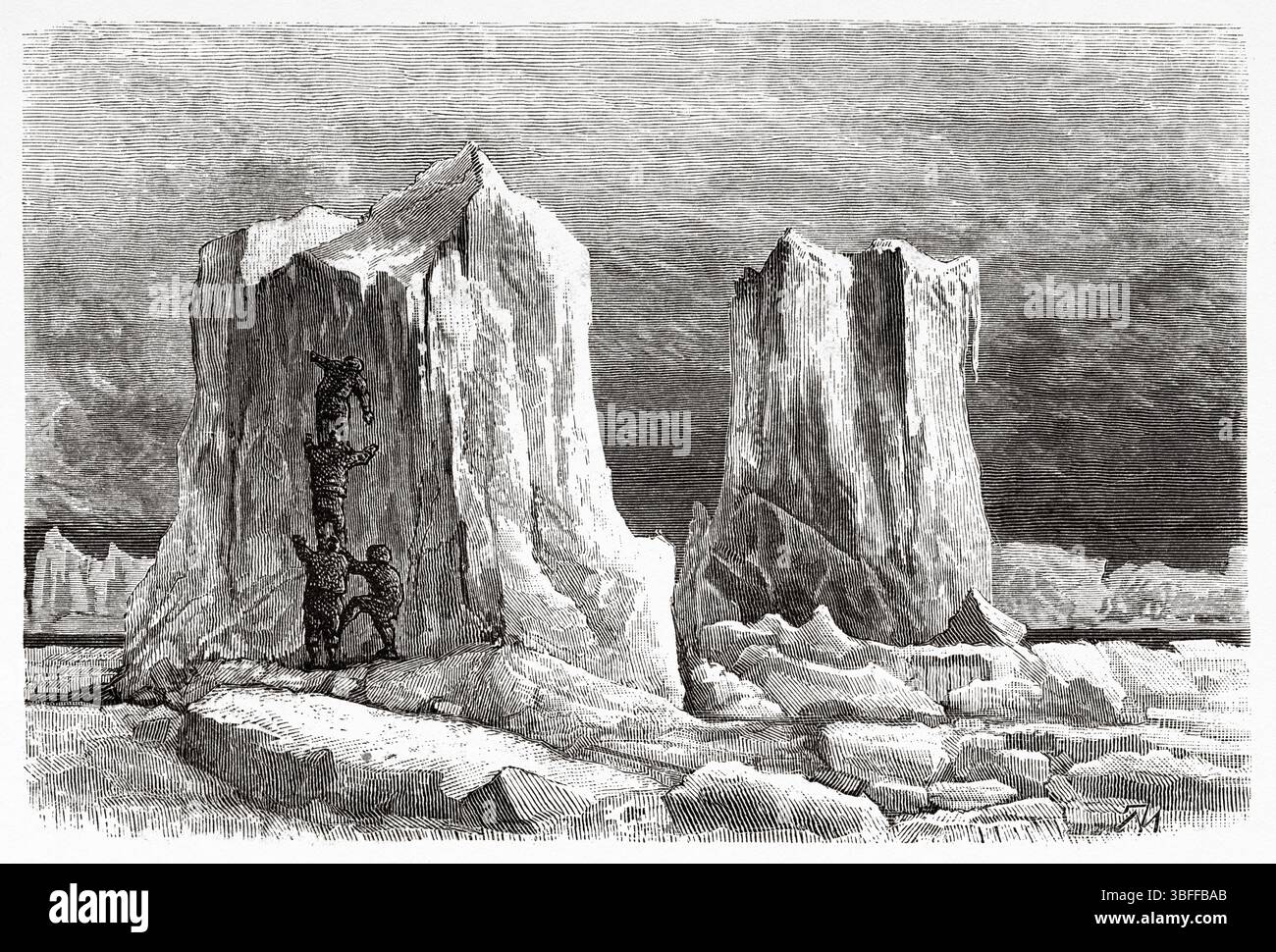 Der Brandenburger Tor-Gletscher, Grönland. Entwurf von Jean Pierre Moynet (1819–1876) zweite deutsche Nordpolexpedition der Schiffe La Germania und La Hansa 1869-1870 von Kapitän Paul Friedrich August Hegemann (1836–1913) Le Tour du Monde 1874 Stockfoto