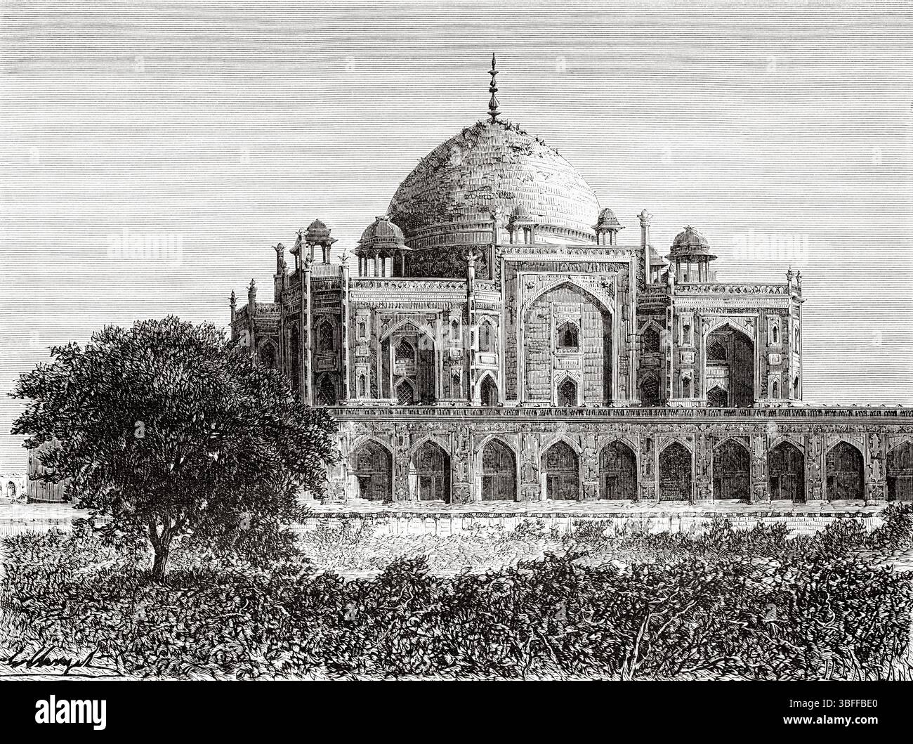 Das Grab von Kaiser Humayun, ein Komplex von Mogul-Architekturgebäuden in der indischen Stadt Delhi. Unesco-Weltkulturerbe, Indien. Zeichnung von Hubert Clerget (1818–1899) reist in Zentralindien und in die Präsidentschaften von Bombay und Bengalen, 1876 von Louis Theophile Marie Rousselet (1845–1929) Le Tour du Monde 1874 Stockfoto