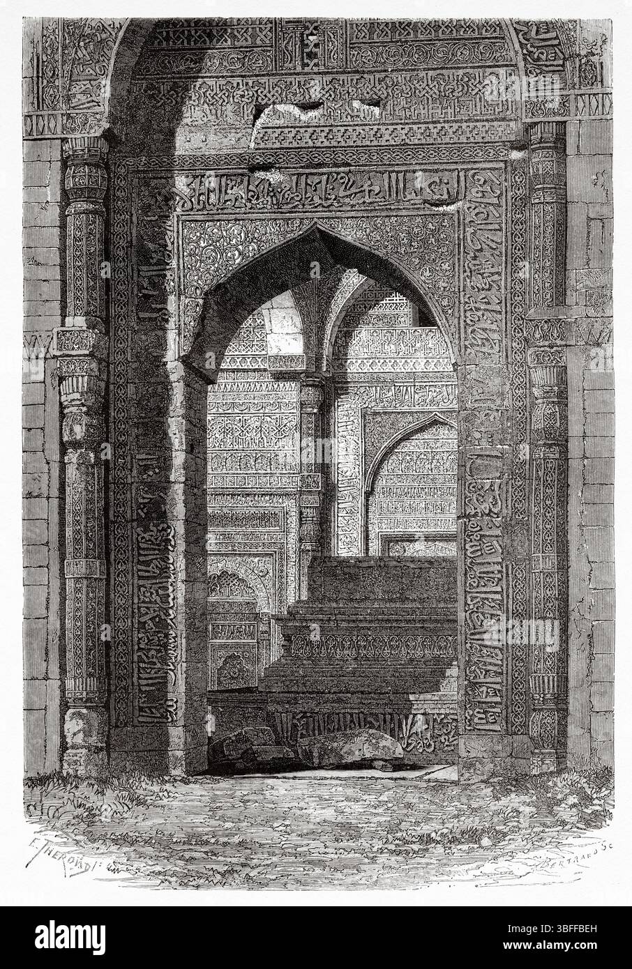 Grab von Iltutmish, Qutb-Komplex, Delhi. Indien. Zeichnung von Emile Therond (182–1883) reist in Zentralindien und in die Präsidentschaften von Bombay und Bengalen, 1876 von Louis Theophile Marie Rousselet (1845–1929) Le Tour du Monde 1874 Stockfoto