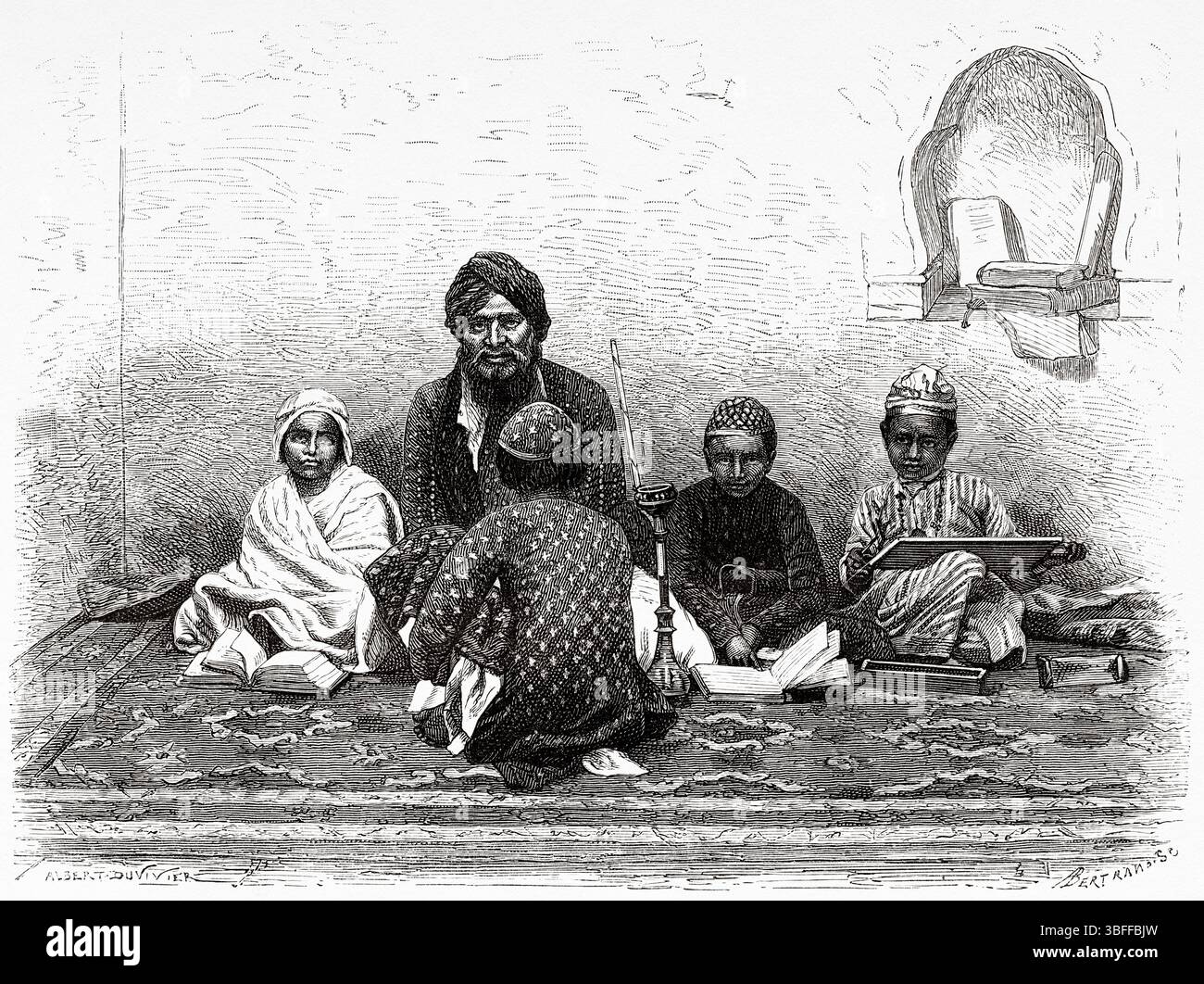 Kinder an einer islamischen Schule in Allahabad, Uttar Pradesh, Indien. Zeichnung von A. Duvivier. Reise in Zentralindien und in die Präsidentschaften von Bombay und Bengalen, 1876 von Louis Theophile Marie Rousselet (1845–1929) Le Tour du Monde 1874 Stockfoto