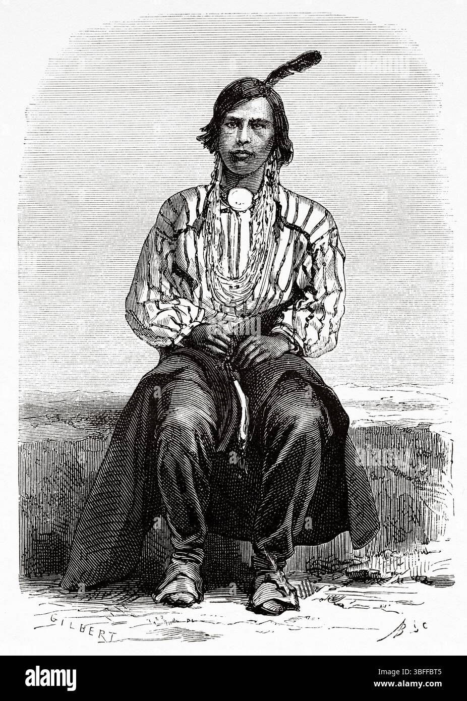 Ho-Chunk oder Winnebago indianer. Vereinigte Staaten von Amerika. Zeichnung von C. Gilbert. Reise von Washington nach San Francisco, 1868 von Lambert Marius Laurent Louis Simonin (1830–1886) Le Tour du Monde 1874 Stockfoto