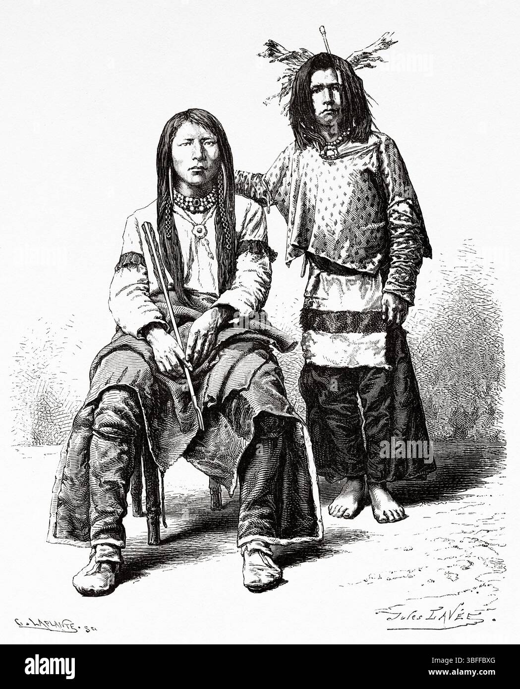 Schlangenindianer. Charley und sein Cousin vom Ute-Stamm. Vereinigte Staaten von Amerika. Zeichnung von Jules Lavee (1840–1903) Reise von Washington nach San Francisco, 1868 von Lambert Marius Laurent Louis Simonin (1830–1886) Le Tour du Monde 1874 Stockfoto