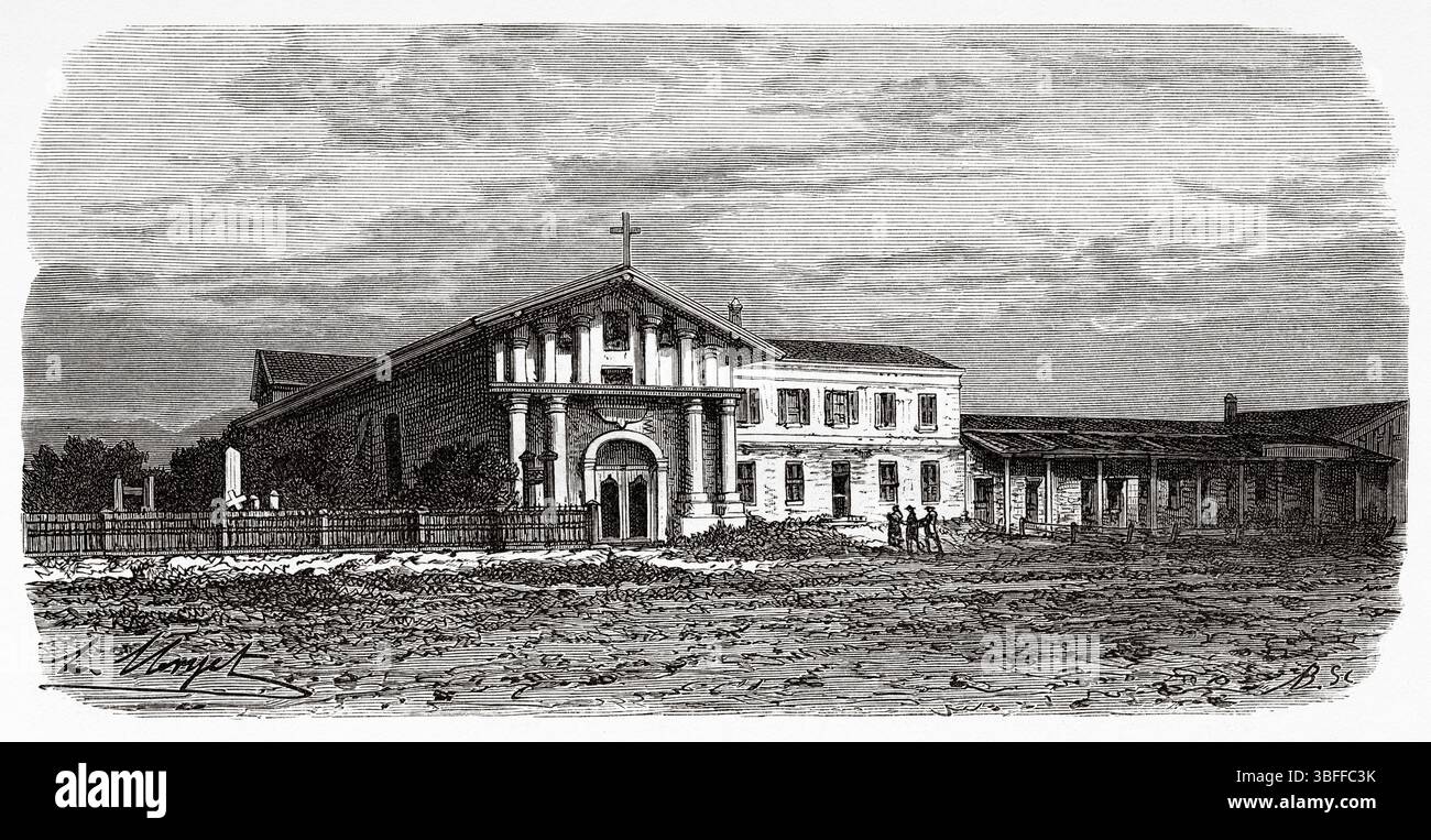 Mission Dolores ist das älteste Gebäude in San Francisco. Die Kirche im spanischen Kolonialstil wurde 1776 von spanischen Missionaren in Kalifornien gegründet. Vereinigte Staaten von Amerika. Zeichnung von Hubert Clerget (1818–1899) Reise von Washington nach San Francisco, 1868 von Lambert Marius Laurent Louis Simonin (1830–1886) Le Tour du Monde 1874 Stockfoto