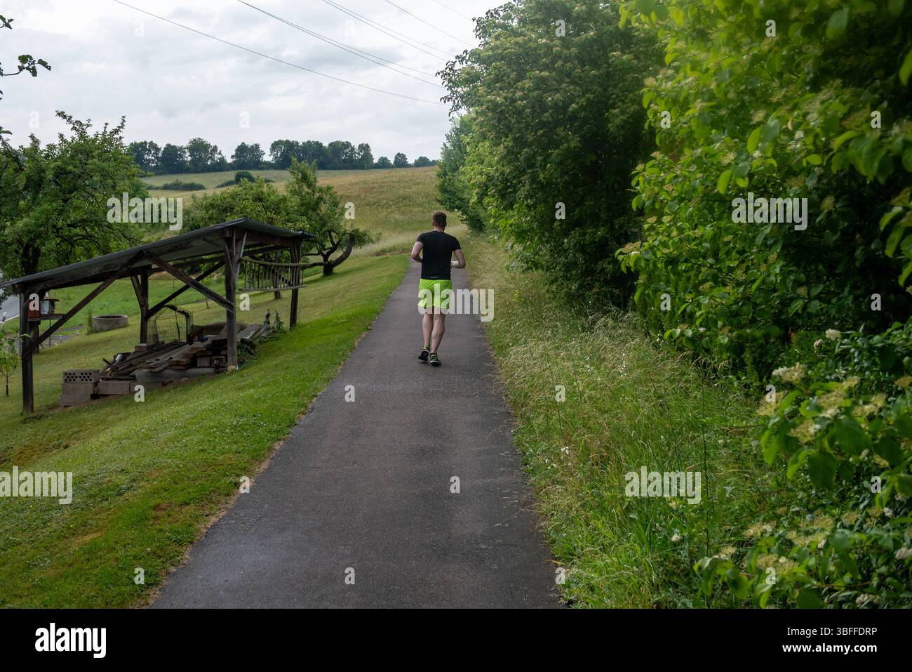 Jogger auf ländlichem Weg im Grünen 01.06.25, Selters: Symbolfoto, Illustrationsbild, Symbolbild, Illustrationsfoto, Alltagsszene ein Mann joggt auf einem schmalen asphaltierten Weg durch eine grüne, leicht hügelige Landschaft. Links des Weges stehen einfache Holzunterstände und Wiesen mit Obstbäumen, rechts dichter Busch- und Baumbewuchs. Der Himmel ist bewölkt, das Licht weich. Der Jogger trägt neongelbe Shorts und ein dunkles Sportshirt. Selters *** Jogger auf einem ländlichen Weg auf dem Land 01 06 25, Selters Symbolfoto, Illustrationsfoto, Symbolfoto, Illustrationsfoto, Alltagsszene Stockfoto