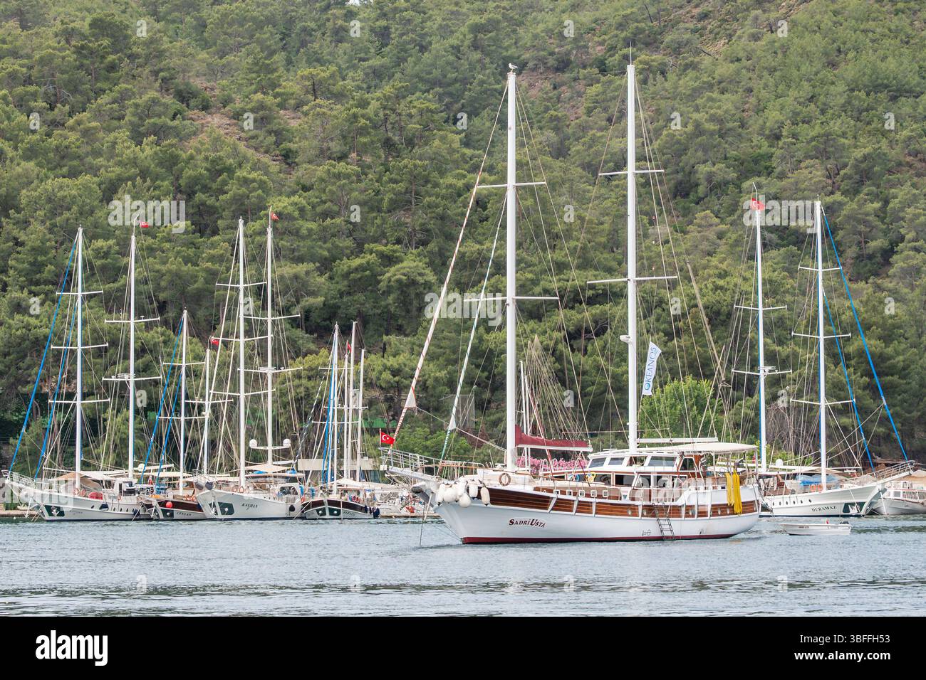 Eine Sammlung eleganter Gulets füllt diese friedliche Bucht und bietet einen Einblick in den entspannten Charme eines Segelurlaubs in die wunderschöne Naturlandschaft Stockfoto