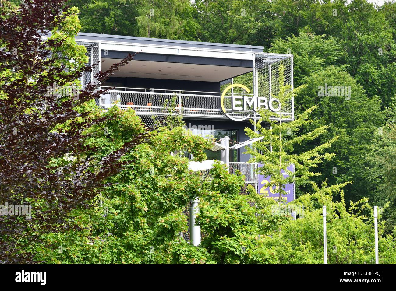 Heidelberg, Deutschland - 28. Juni 2025: Außerhalb des Gebäudes der European Molecular Biology Organization EMBO im Hügelbezirk Boxberg, umgeben von Bäumen Stockfoto