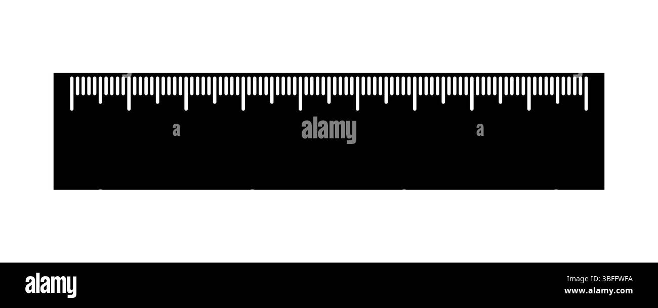 Schwarzes Lineal mit weißen Markierungen Vektor. Das Lineal verfügt über eine solide schwarze Basis mit gleichmäßig abgesetzten weißen Markierungen, die Maßeinheiten darstellen. Stock Vektor