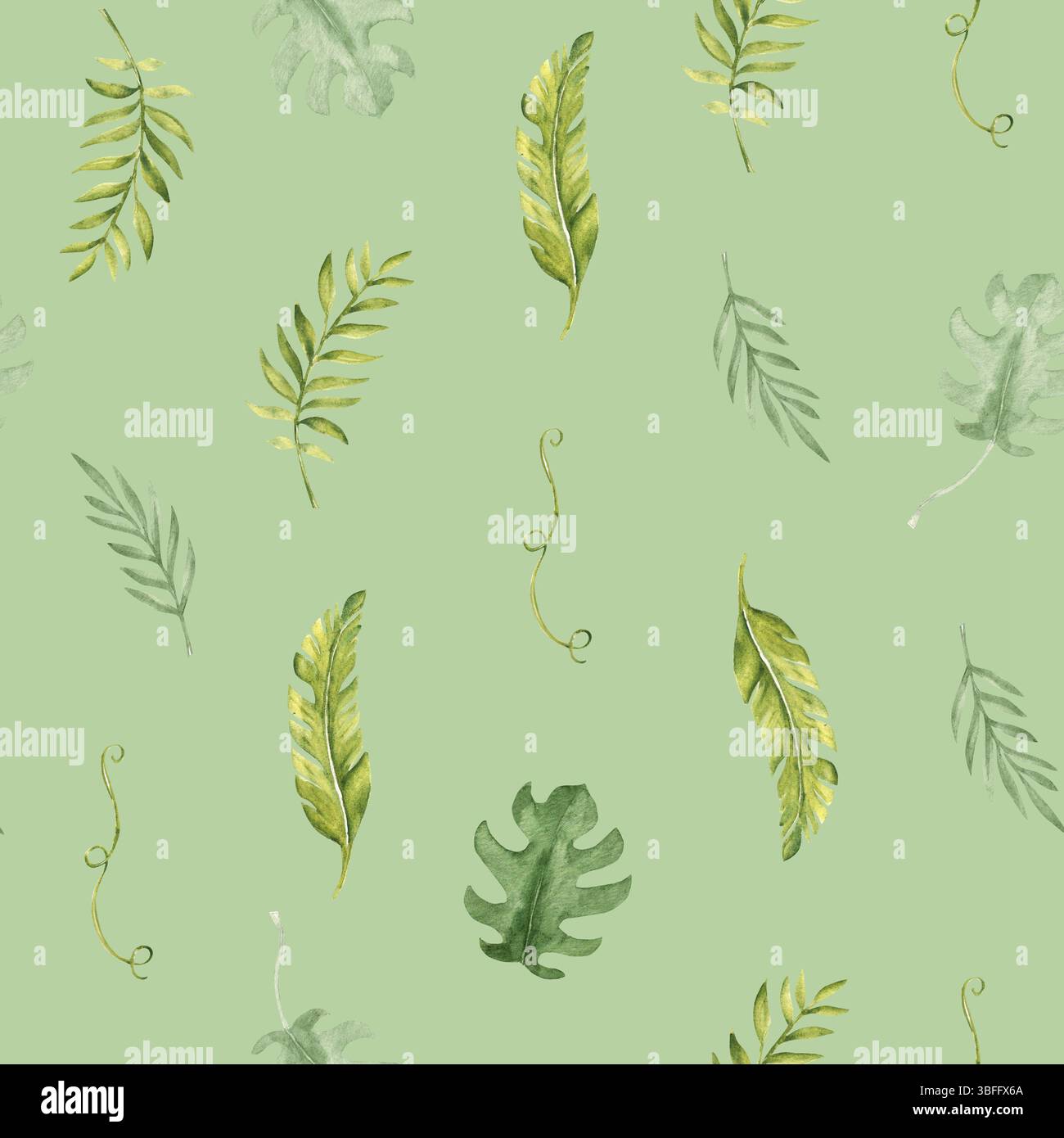 Tropische Blätter nahtloses Muster auf grünem Hintergrund. Palme, Eukalyptus und Monstera mit Liana. Aquarell handgezeichnete botanische Illustration. Für Stockfoto