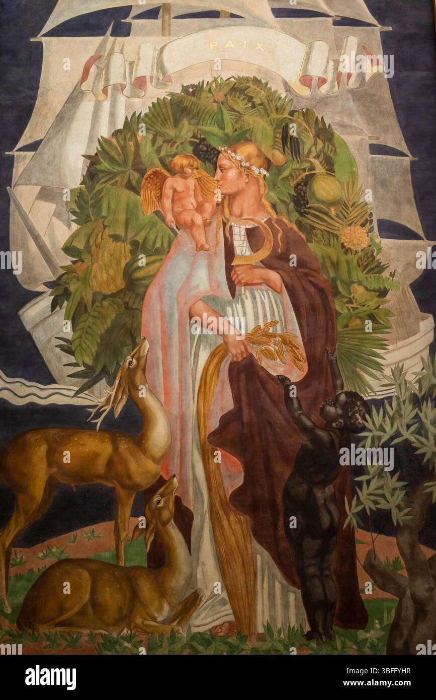 Detail der Fresken, die eine idealisierte Version des Kolonialismus darstellen, Forum (Zentralgericht) des Nationalmuseums für die Geschichte der Einwanderung, l oc Stockfoto