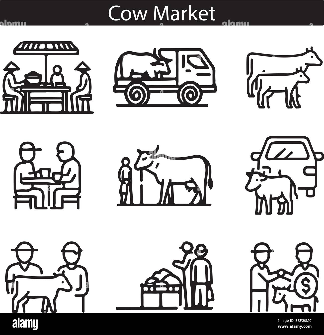 Cow Market Icons Set Stock Vektor