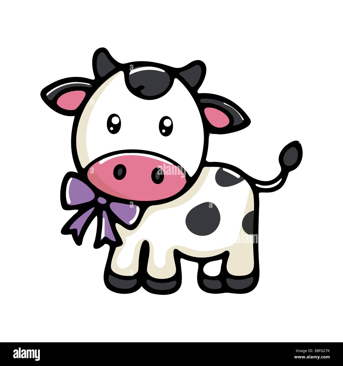 Eine süße Karikaturkuh mit schwarzen Flecken und einer rosa Nase. Er hat eine lila Schleife um den Hals und einen fröhlichen Ausdruck. Der Hintergrund ist einfach und Stock Vektor