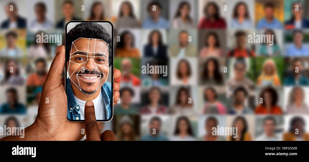 Moderne Gesichtserkennungstechnologie auf dem Smartphone-Display Stockfoto