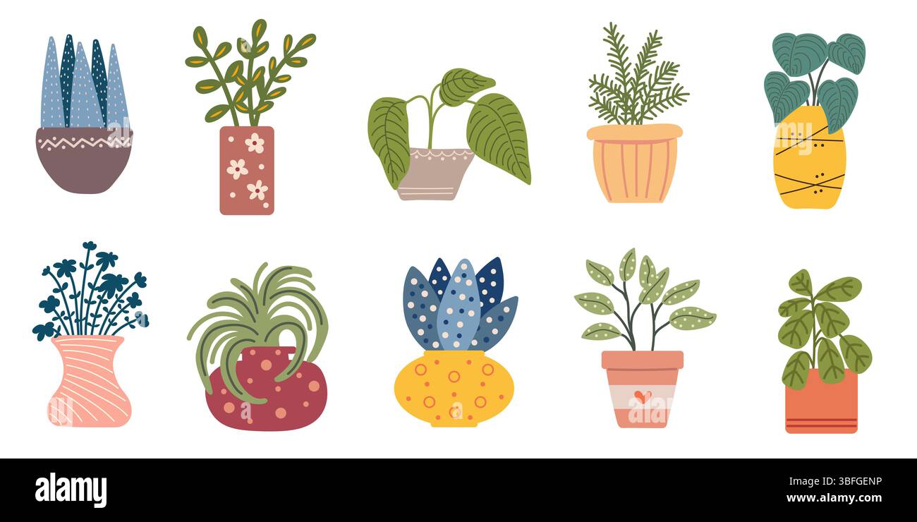 Pflanzensatz in Töpfen. Einfache Hauspflanzen im Topf. Stock Vektor
