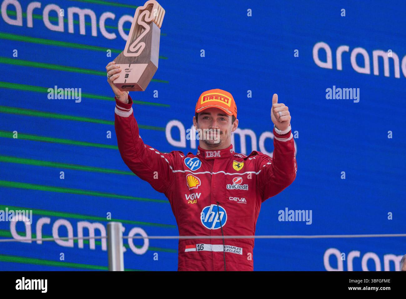 Circuit de Catalunya, Barcelona, Spanien. 1. Juni 2025; Charles Leclerc aus Monaco und Scuderia Ferrari auf dem Podium während des Grand Prix von Spanien Stockfoto