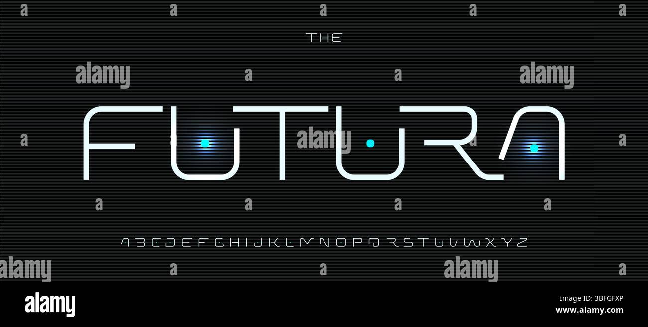 Robotisches Techno-Alphabet, schlanke geometrische Scifi-Schriftart mit Neonpunkten, minimale digitale Buchstaben für Cyberpunk-Logo und Headline, modernes Weltraumzeitalter und Stock Vektor