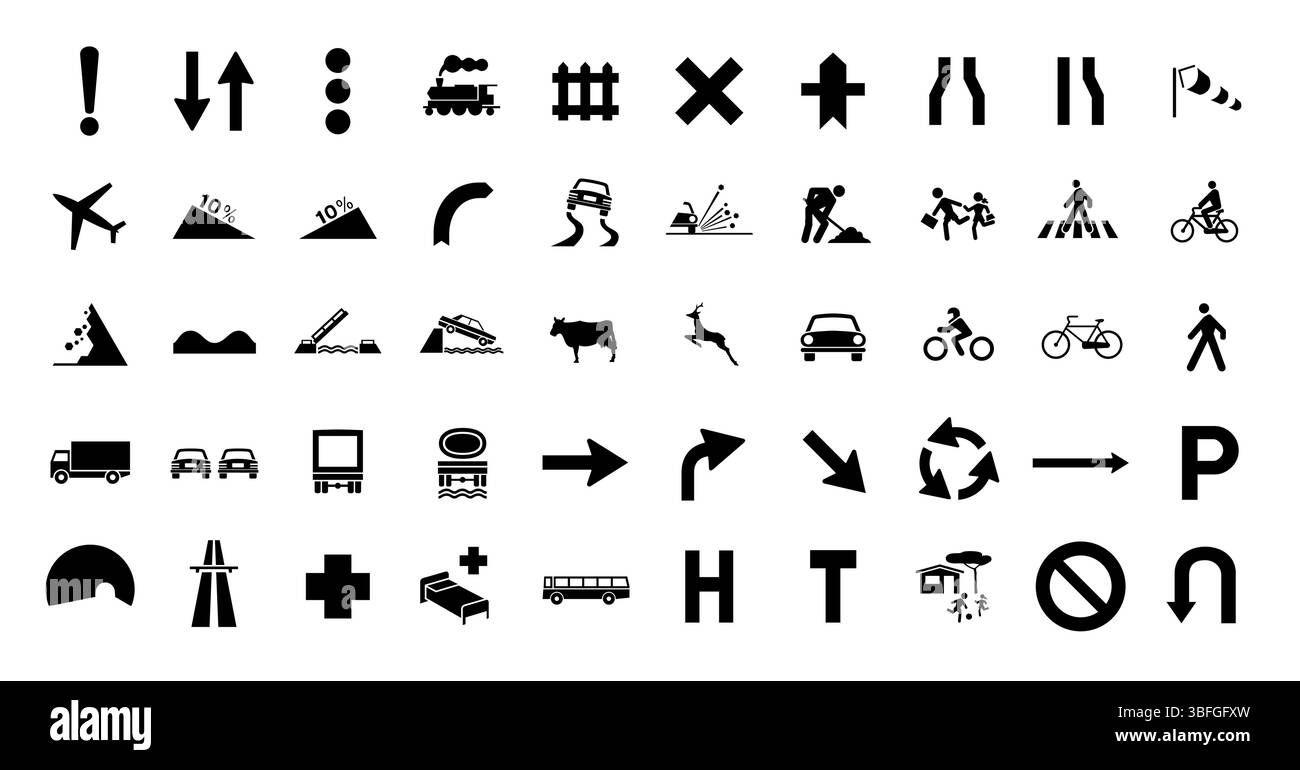 Ein klares Vektorset mit 50 Verkehrs- und Straßenschildern in minimalistischem Silhouette-Stil. Ideal für Web-, Druck-, Apps-, Infografik- und Bildungszwecke. Stock Vektor