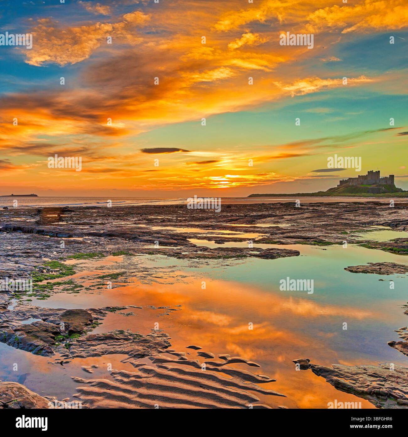 Ein Blick bei Sonnenaufgang auf Bamburgh Beach in Northumberland bei Ebbe in Richtung Bamburgh Castle mit einem wunderschönen Sonnenaufgangshimmel Stockfoto