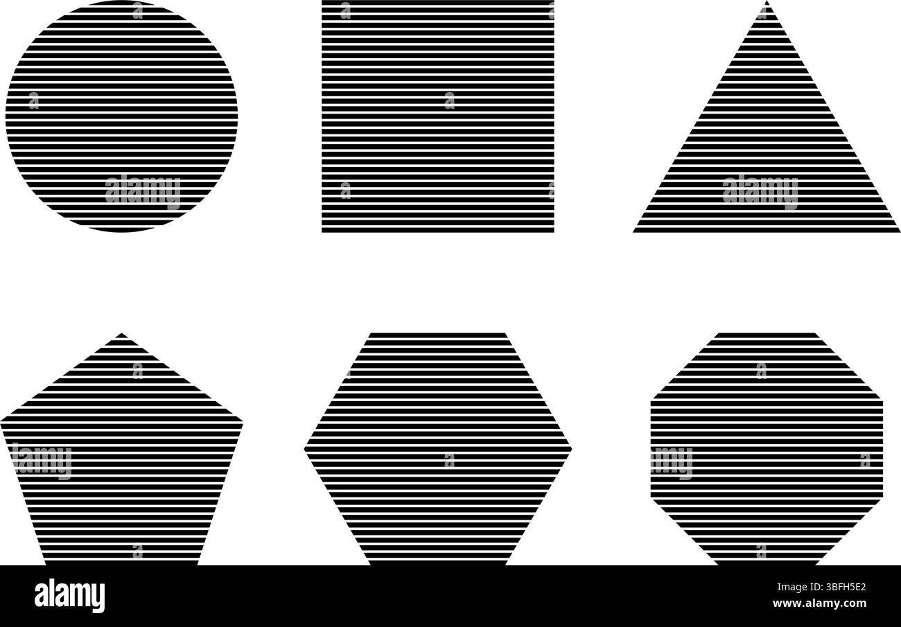 Schwarz gestreifter Kreis, Quadrat und Dreieck, geometrische Formen aus pentagon, Sechseck und Achteck, isoliert auf weißem Hintergrund. Minimalistische Designelemente mit gestreifter Struktur. Vektorgrafik. Stock Vektor