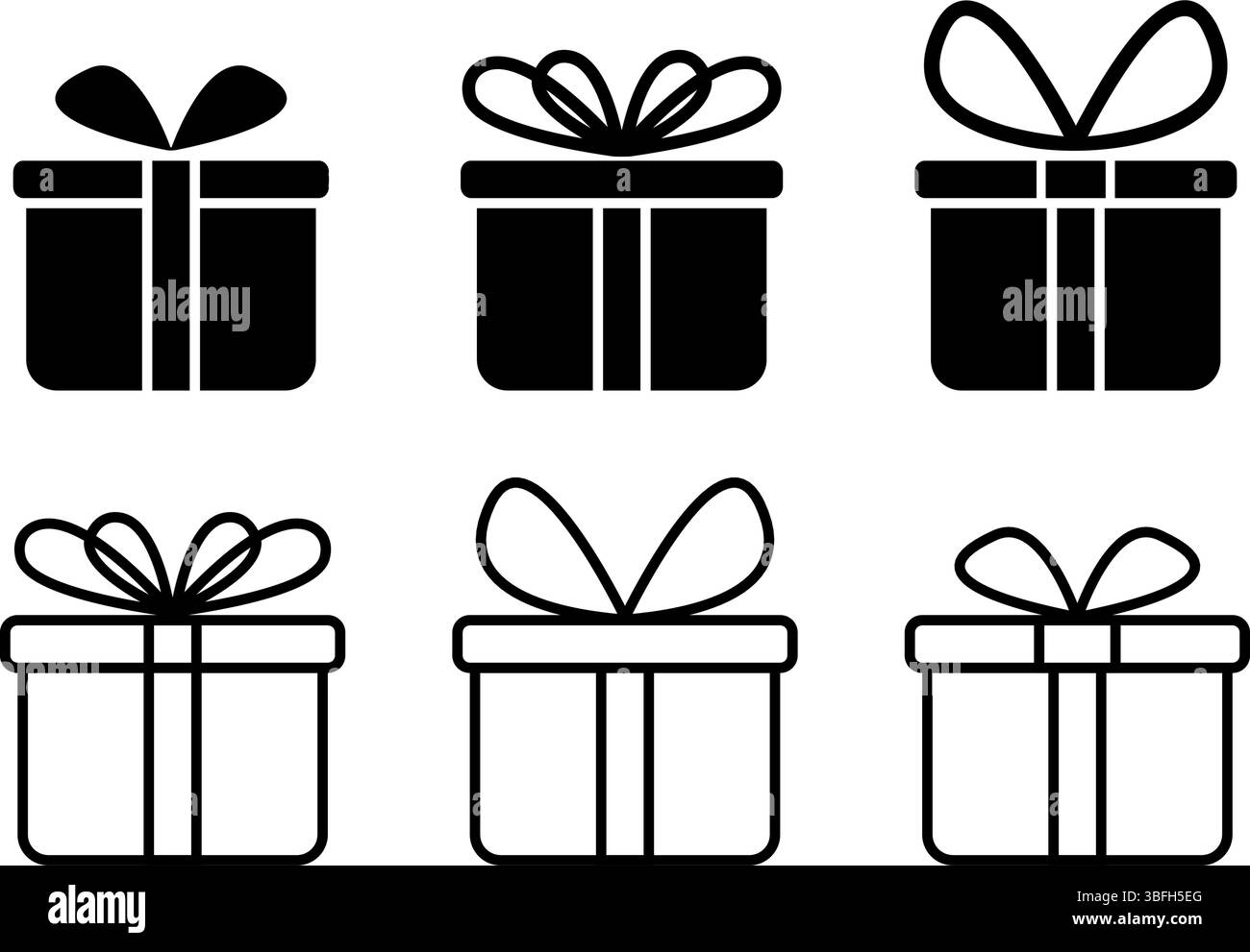 Set mit Symbolen für Geschenkschachteln. Präsentieren Sie Paketsilhouetten mit Schleifen auf weißem Hintergrund. Geburtstagssymbole oder ein anderes festliches Ereignis. Bearbeitbare Kontur. Vektorgrafik. Stock Vektor