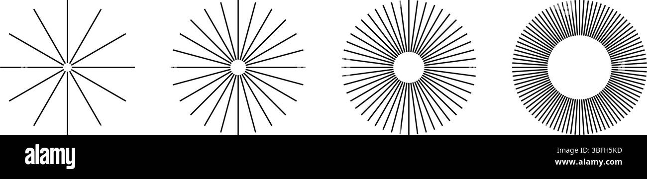 Gerade radiale Linien. Set von Sonnenstrahlen-Symbolen auf weißem Hintergrund. Funkelnde oder funkelnde Formen. Symbole für Strahlkraft, Explosion oder Feuerwerk. Vektorgrafik. Stock Vektor