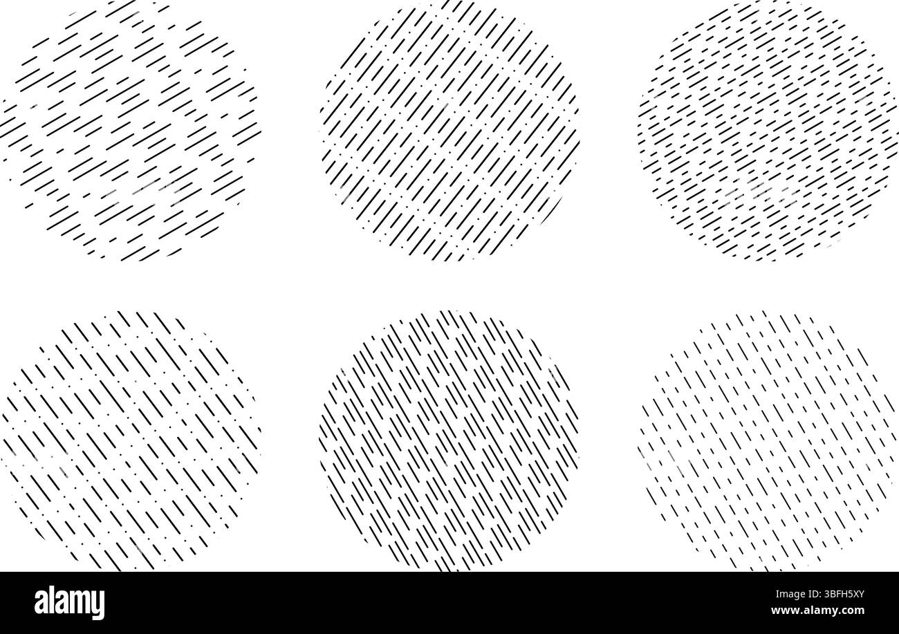 Set von Regenmustern in Kreisform. Unterbrochene parallele Linien. Abstrakte Muster minimalistischer Hintergründe. Verregnete Herbstmuster. Wellige Texturen. Vektorgrafik. Stock Vektor