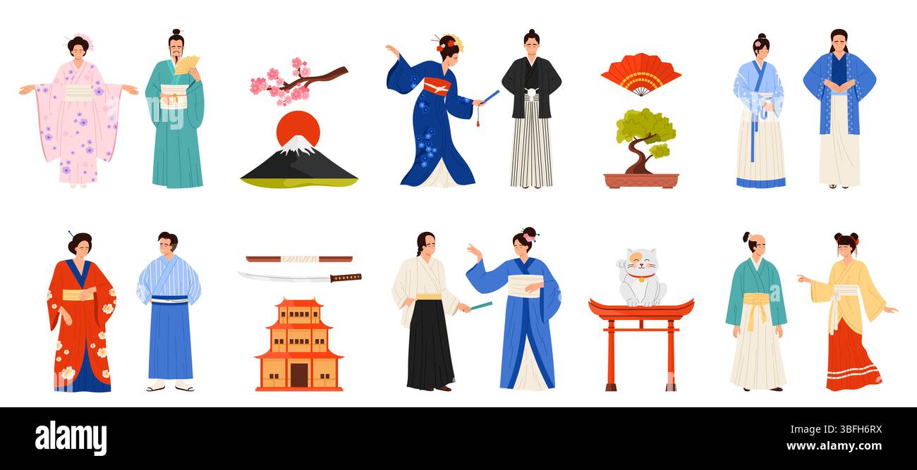 Japaner in traditionellen Kostümen. Frau und Mann in Nationalkleidung, männliche und weibliche Charaktere tragen unterschiedlichen Kimono und halten Papierfächer, Regenschirm Cartoon Vektor Illustration Stock Vektor