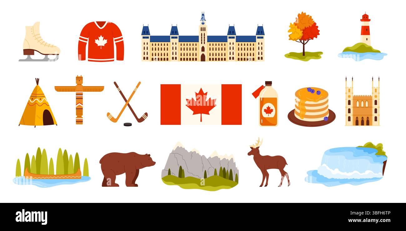 Reisen Sie nach Kanada, Elemente der kanadischen Kultur und Tradition, Landschaft und Essensaufkleber. Architektur und Wahrzeichen, Natur Tier und Berge, Niagarafälle Cartoon Vektor Illustration Stock Vektor