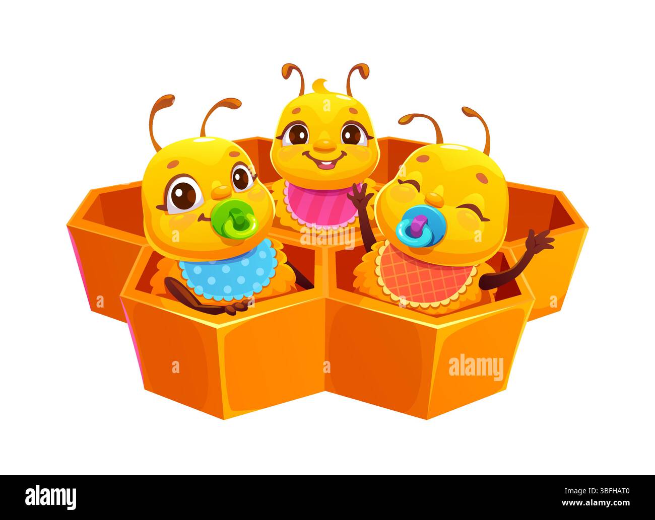 Fröhliche Honigbienenfiguren sitzen in Wabenzellen mit fröhlichen, lächelnden Gesichtern. Vector niedliche Babybienen mit großen Augen, Lätzchen und Schnuller mit verspielten Ausdrücken, die Freude und Niedlichkeit ausdrücken Stock Vektor