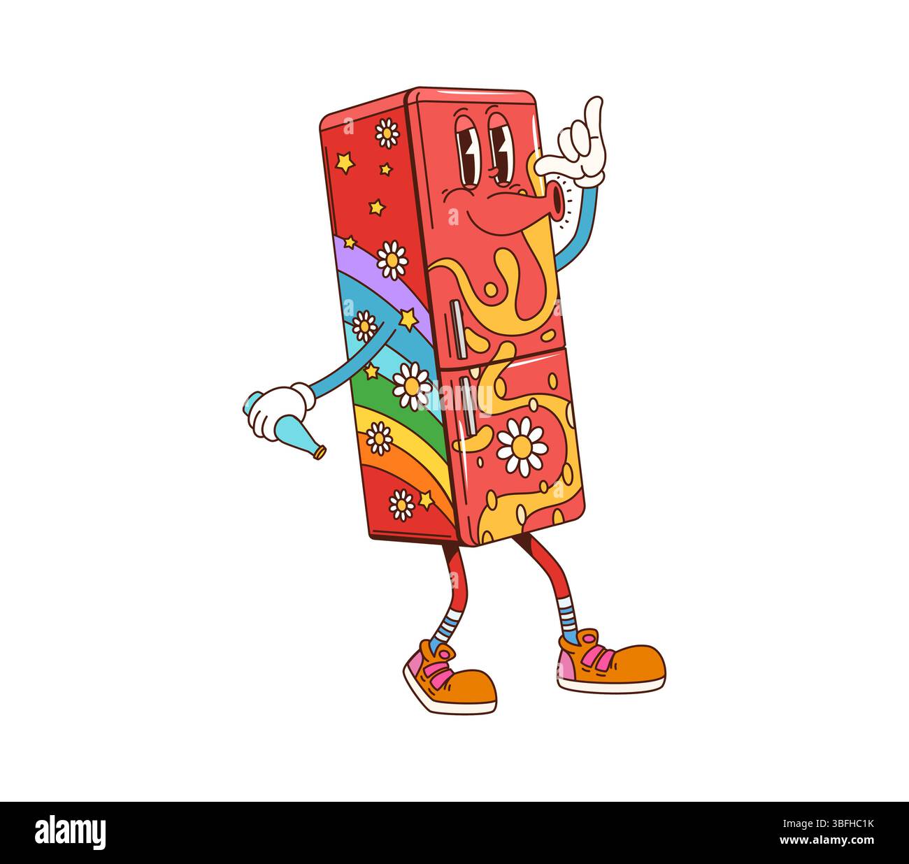 Cartoon grooviger Kühlschrank, Wohnmöbel Charakter. Retro-Kühl- oder Gefrierkombination Küchengerät lustige flippige Persönlichkeit mit Regenbogen- und Gänseblümchenmuster. Wohnküche Möbel grooviger Charakter Stock Vektor