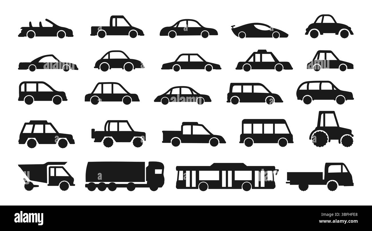 Handgezeichnetes Auto-STYLE-Set. Silhouette niedlicher Transport-Pickup in verschiedenen Formen, Bus-Traktor-LKW, Taxi-Limousine-Sammlung. Einfache Icon Auto Illustration für Kinder Textiltuch Poster Vektor Illustration Stock Vektor