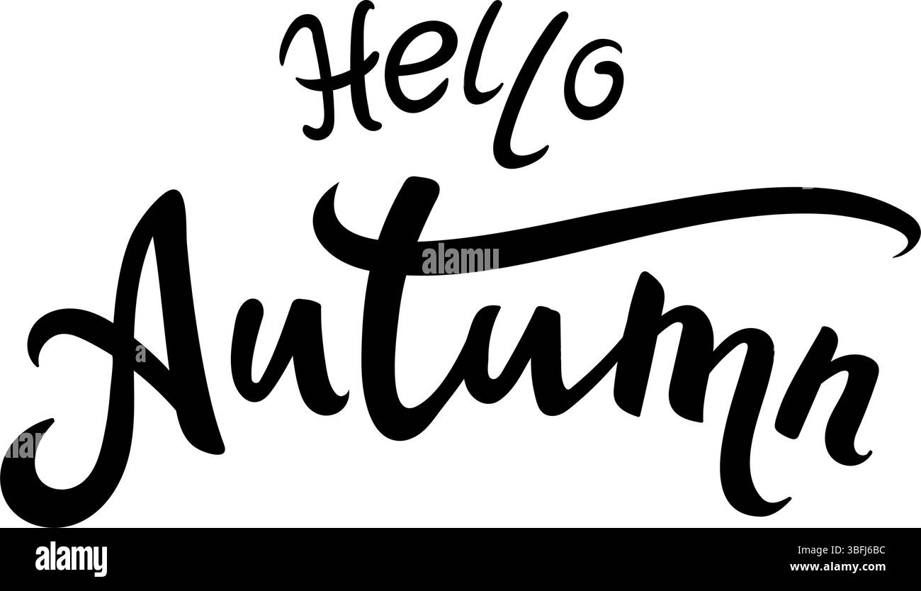 Handgeschriebener Hello Autumn Text in einer stilvollen kursiven Schrift, perfekt für saisonale Designs oder Projekte im Herbst. Stock Vektor