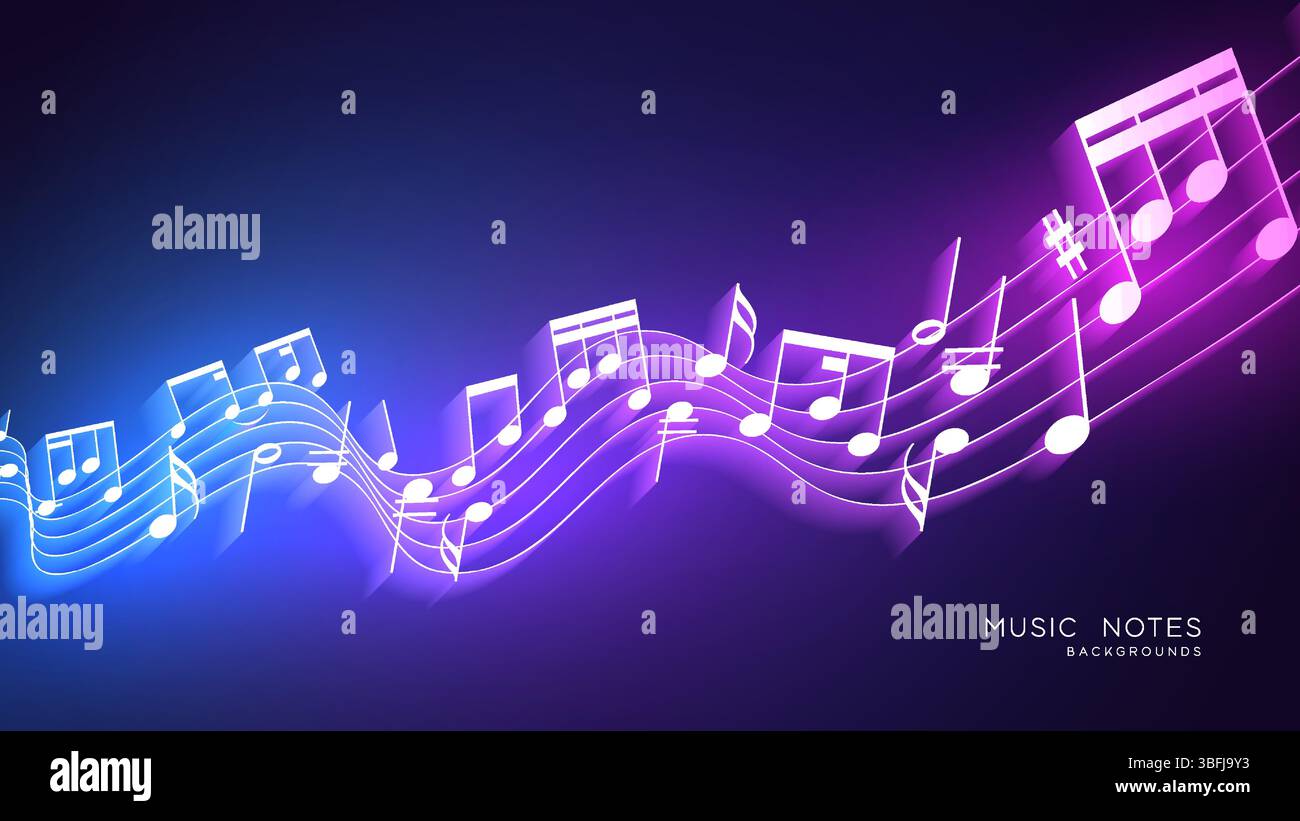 Farbenfrohe Musiknotizen mit Bokeh-Banner und Posterdesign im Hintergrund. Hintergrundmusik. Abstrakte Musiknotizen und welliger Hintergrund. Stock Vektor