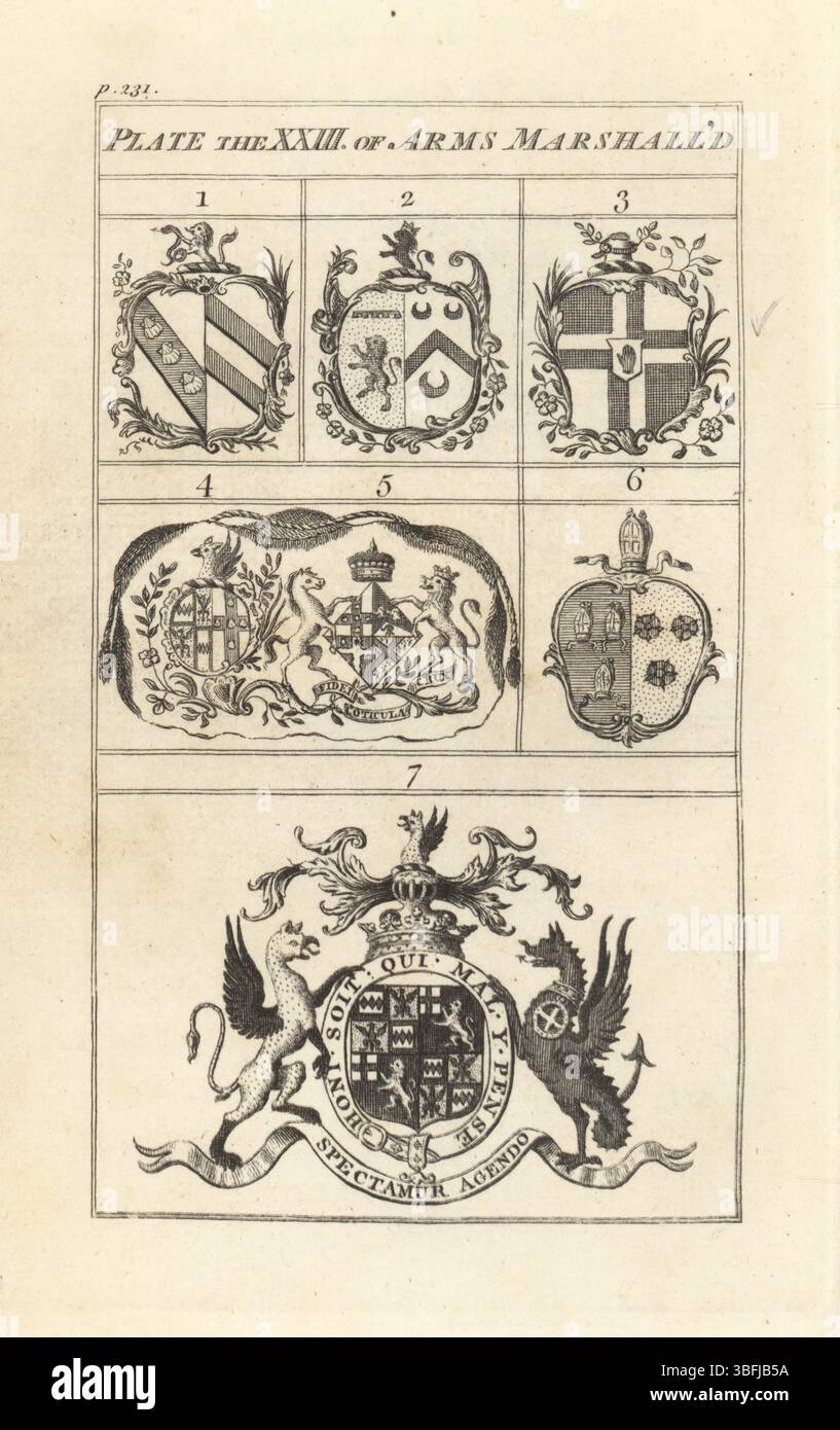 Verschiedene Arten von Marshalling in der Heraldik. Manifest und undurchsichtig, aufgespießt usw. Platte XXIII von Arms Marshall'd Kupferstich aus Mark Anthony Pornys The Elements of Heraldry, T. Carnan, London, 1771. Herr Porny, Antoine Pyron du Martre, war französischer Meister am Eton College. Stockfoto