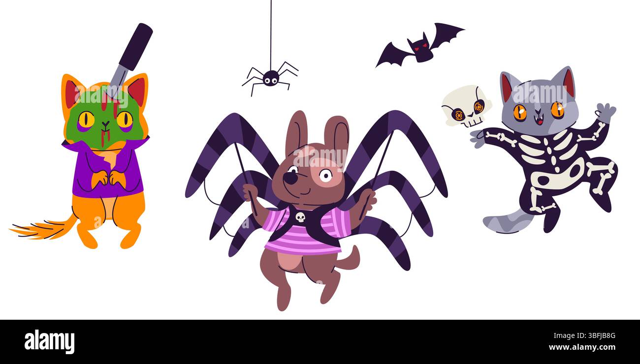 Haustiere in Halloween-Kostümen - Katze als Zombie und Skelett gekleidet, Hund trägt Spinnenkleidung. Lustige Tierfiguren in gruseliger Verkleidung für Trick oder Treatment. Pelzige Freunde feiern den Oktoberurlaub Stock Vektor Haustiere in Halloween-Kostümen - Katze als Zombie und Skelett gekleidet, Hund trägt Spinnenkleidung. Lustige Tierfiguren in gruseliger Verkleidung für Trick oder Treatment. Pelzige Freunde feiern den Oktoberurlaub Stock Vektor