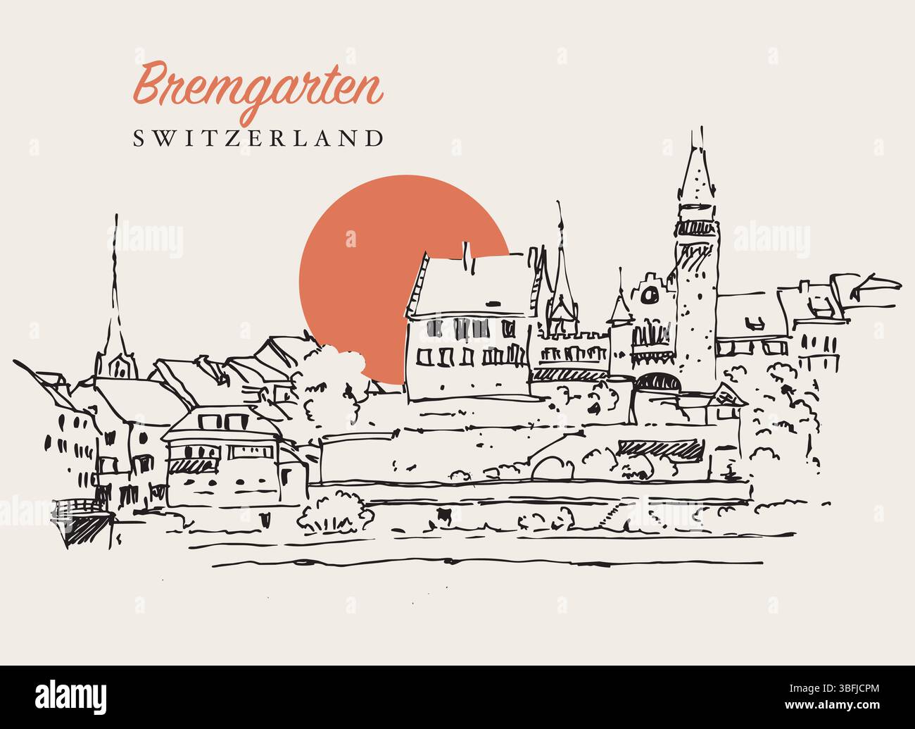 Vektor handgezeichnete Zeichnung Illustration von Bremgarten, einer Gemeinde im Kanton Aargau, Schweiz. Stock Vektor
