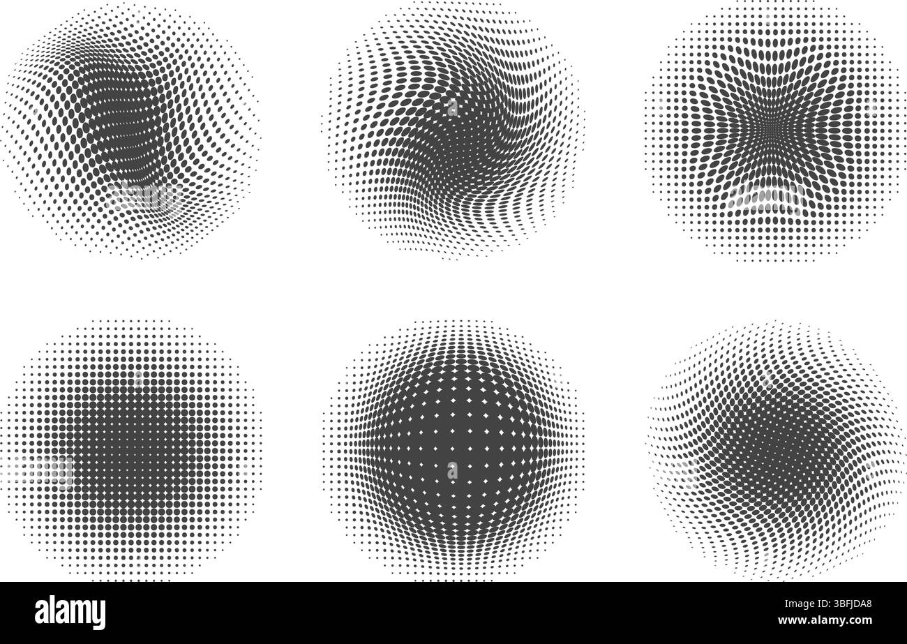 Gepunktete runde Vektorformen auf weißem Hintergrund. Abstrakte Rasterverlaufselemente. Geometrische kreisförmige, gewellte Punktkreise. Dynamisches Grafikset Stock Vektor
